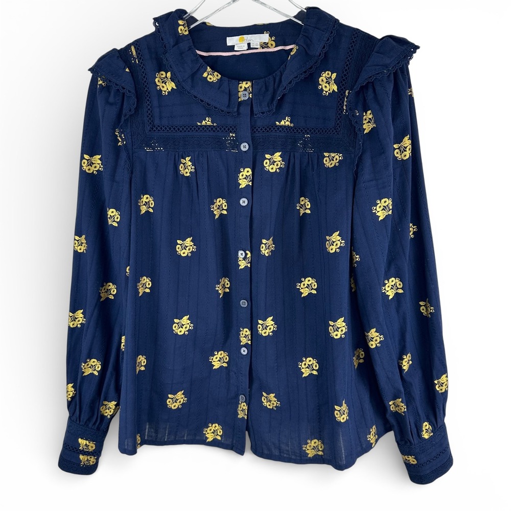 Boden Navy Blue Gold Floral Print Crochet Trim Button Front Blouse Women US 10